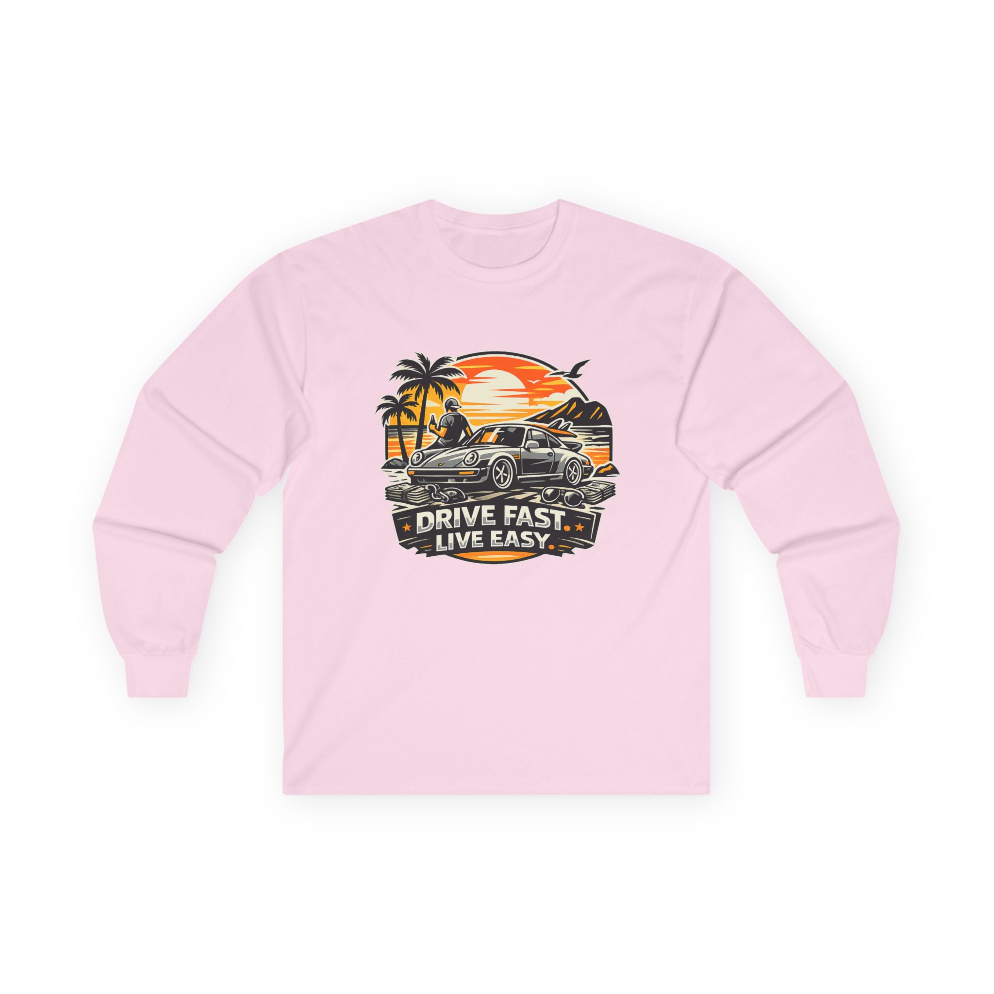 Drive Fast Live Easy Long Sleeve Tee — Retro Muscle Car Sunset Shirt – Bild 16