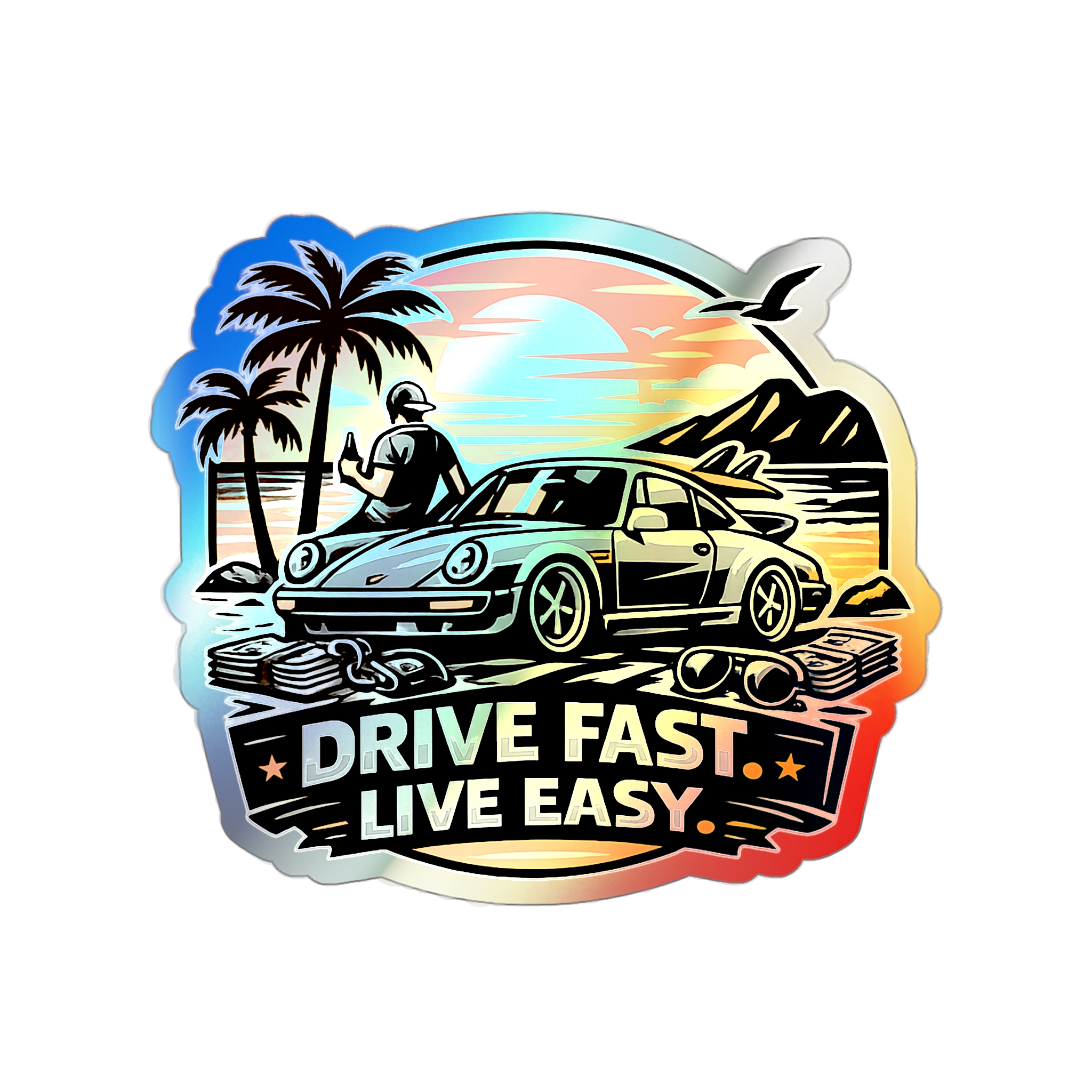Holographic Die-Cut Sticker — "Drive Fast. Live Easy." Beach Car Vibes – Bild 9