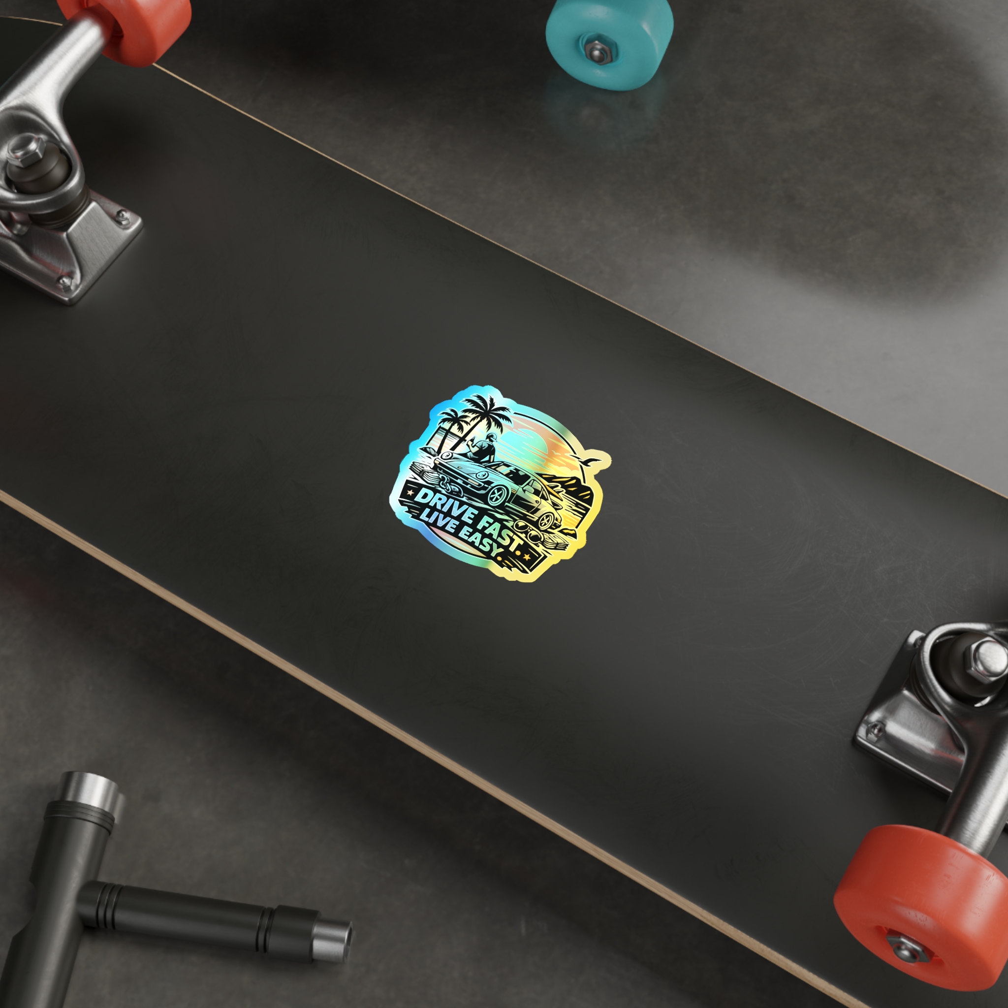 Holographic Die-Cut Sticker — "Drive Fast. Live Easy." Beach Car Vibes – Bild 6