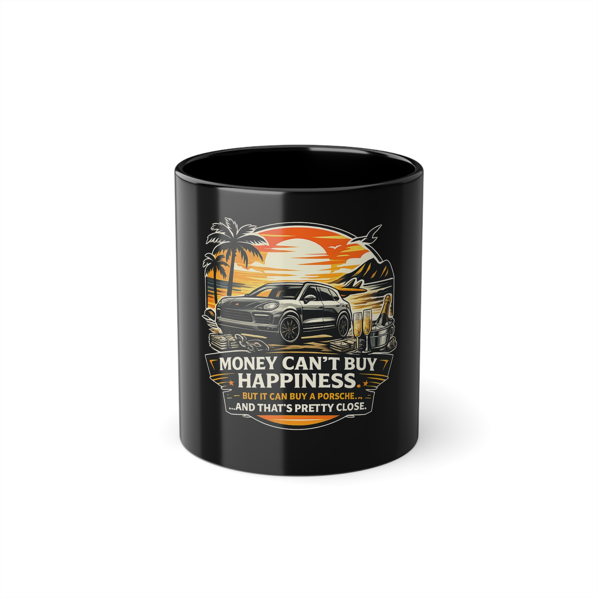 Porsche Sunset Coffee Mug — "Money Can't Buy Happiness" 11oz Black Ceramic