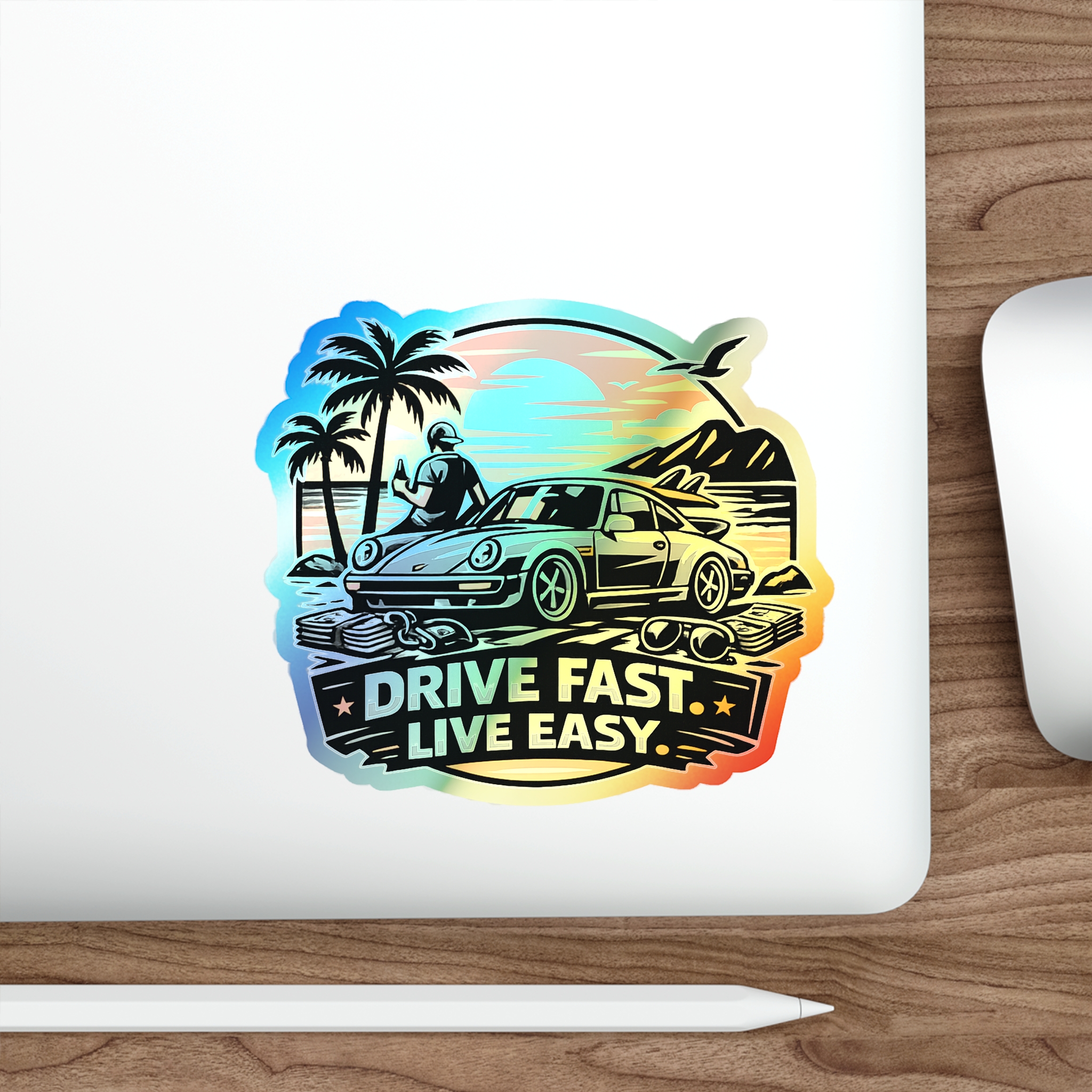 Holographic Die-Cut Sticker — "Drive Fast. Live Easy." Beach Car Vibes – Bild 15