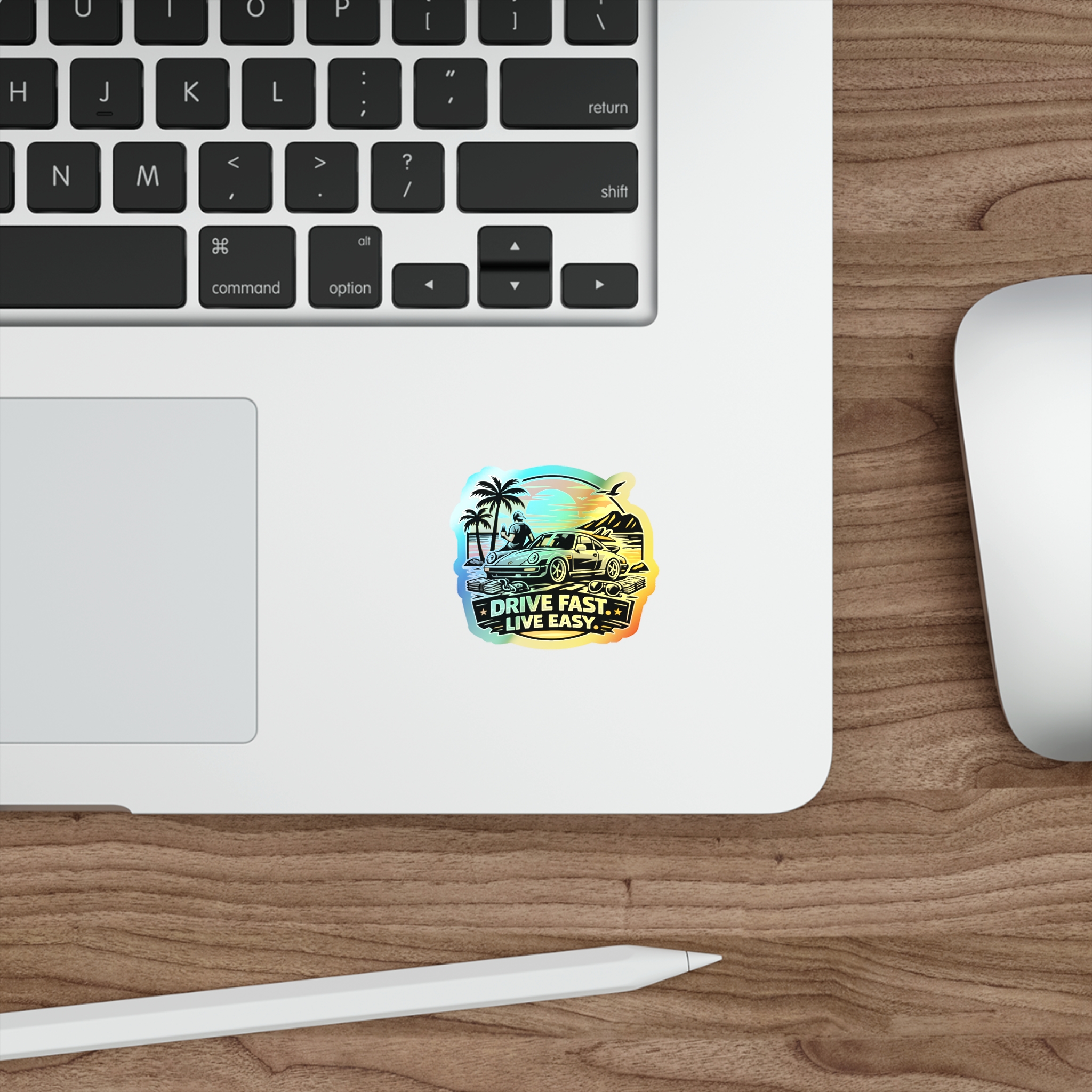 Holographic Die-Cut Sticker — "Drive Fast. Live Easy." Beach Car Vibes – Bild 3