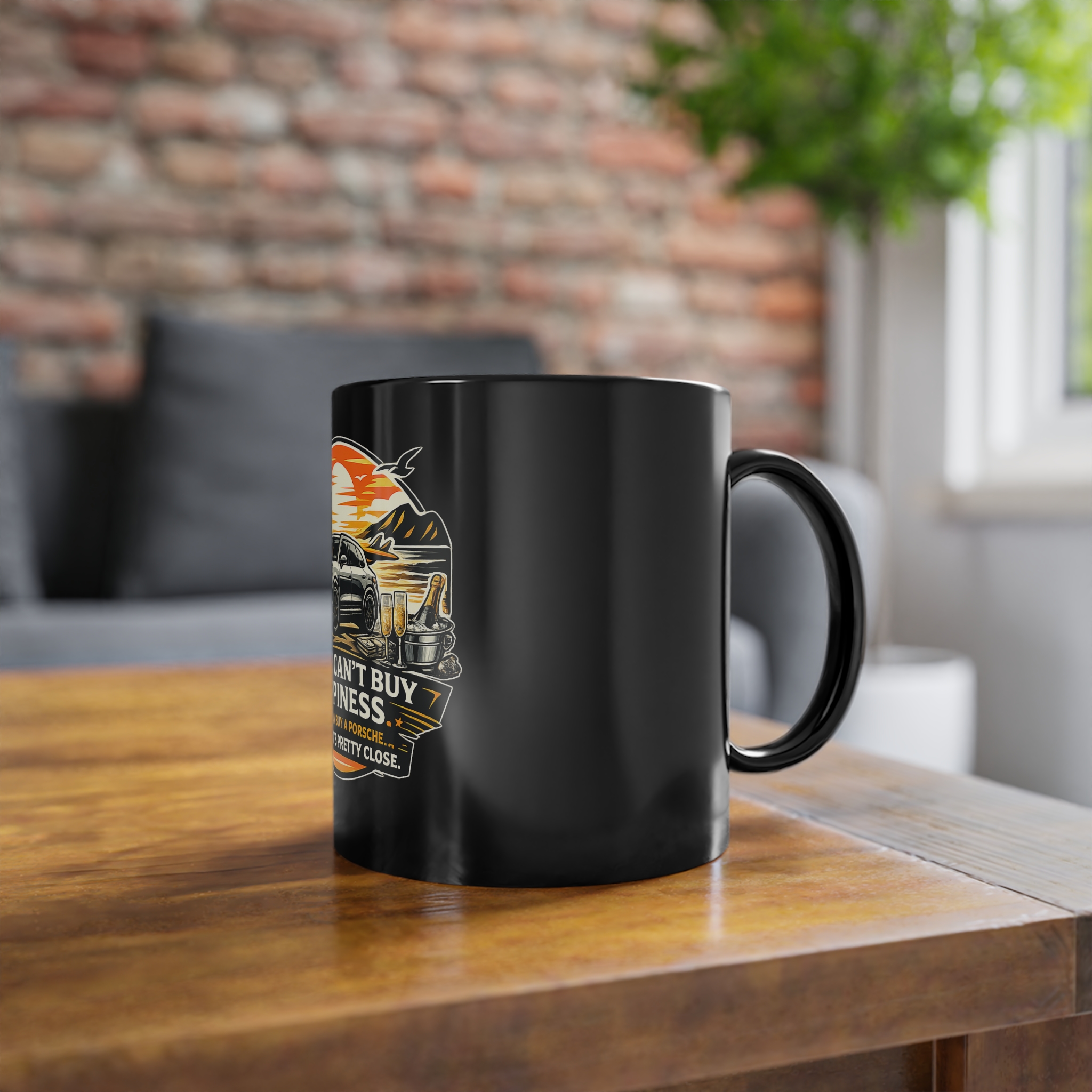 Porsche Sunset Coffee Mug — "Money Can't Buy Happiness" 11oz Black Ceramic – Bild 5