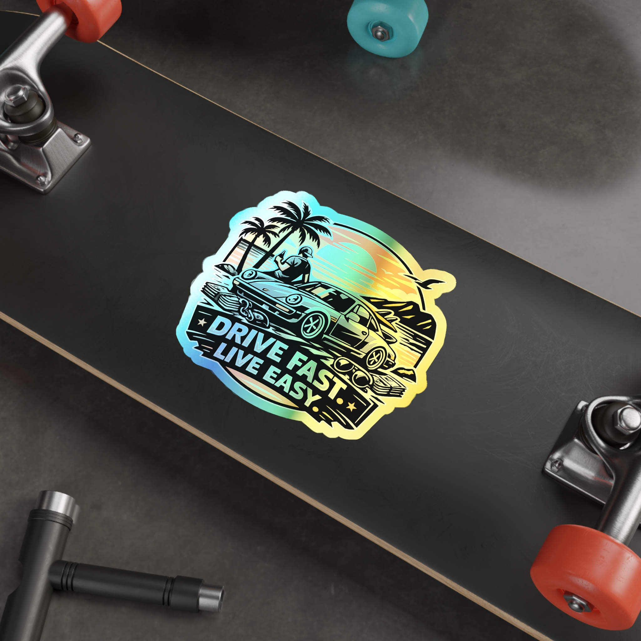 Holographic Die-Cut Sticker — "Drive Fast. Live Easy." Beach Car Vibes – Bild 17