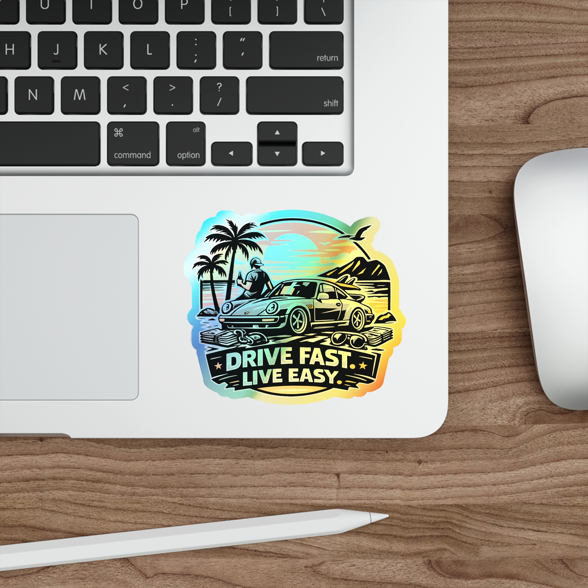 Holographic Die-Cut Sticker — "Drive Fast. Live Easy." Beach Car Vibes – Bild 11
