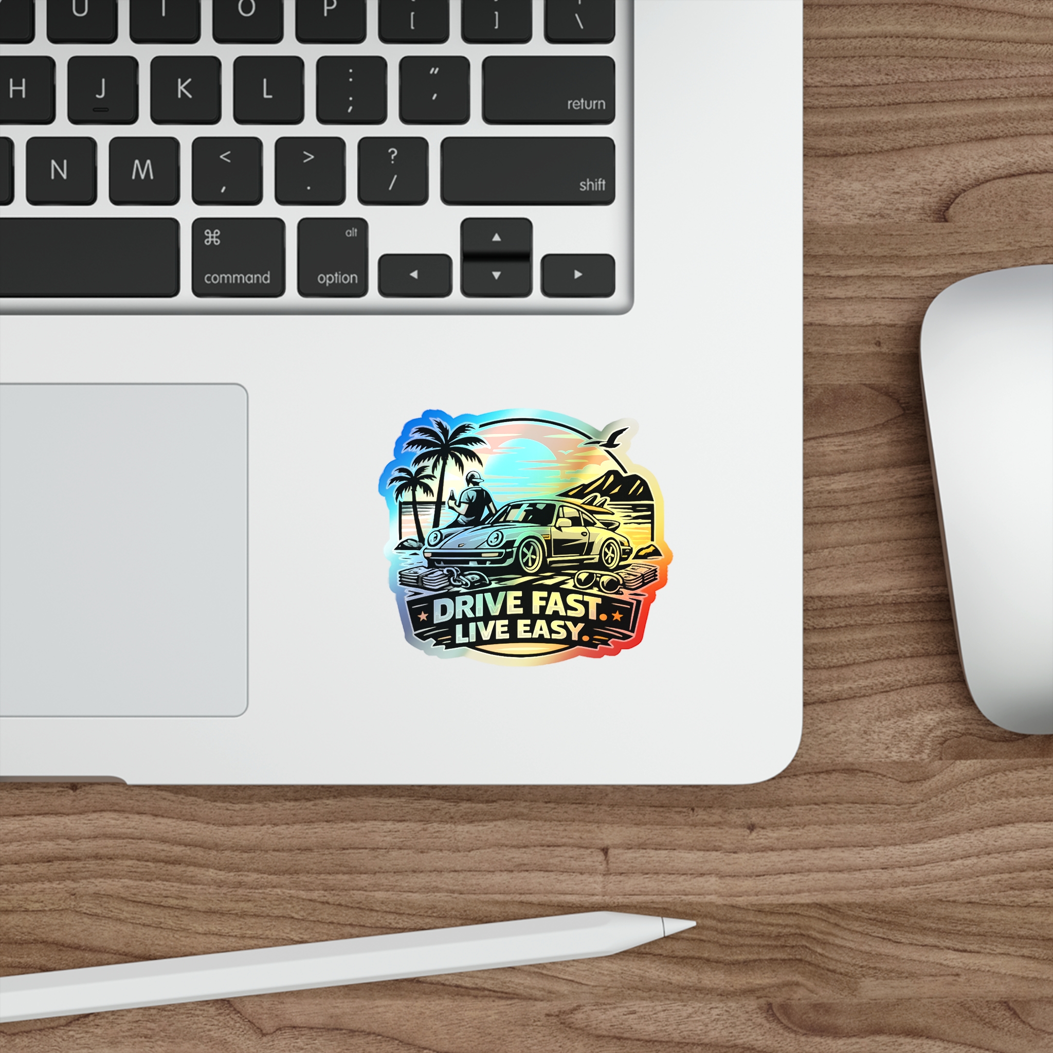Holographic Die-Cut Sticker — "Drive Fast. Live Easy." Beach Car Vibes – Bild 7