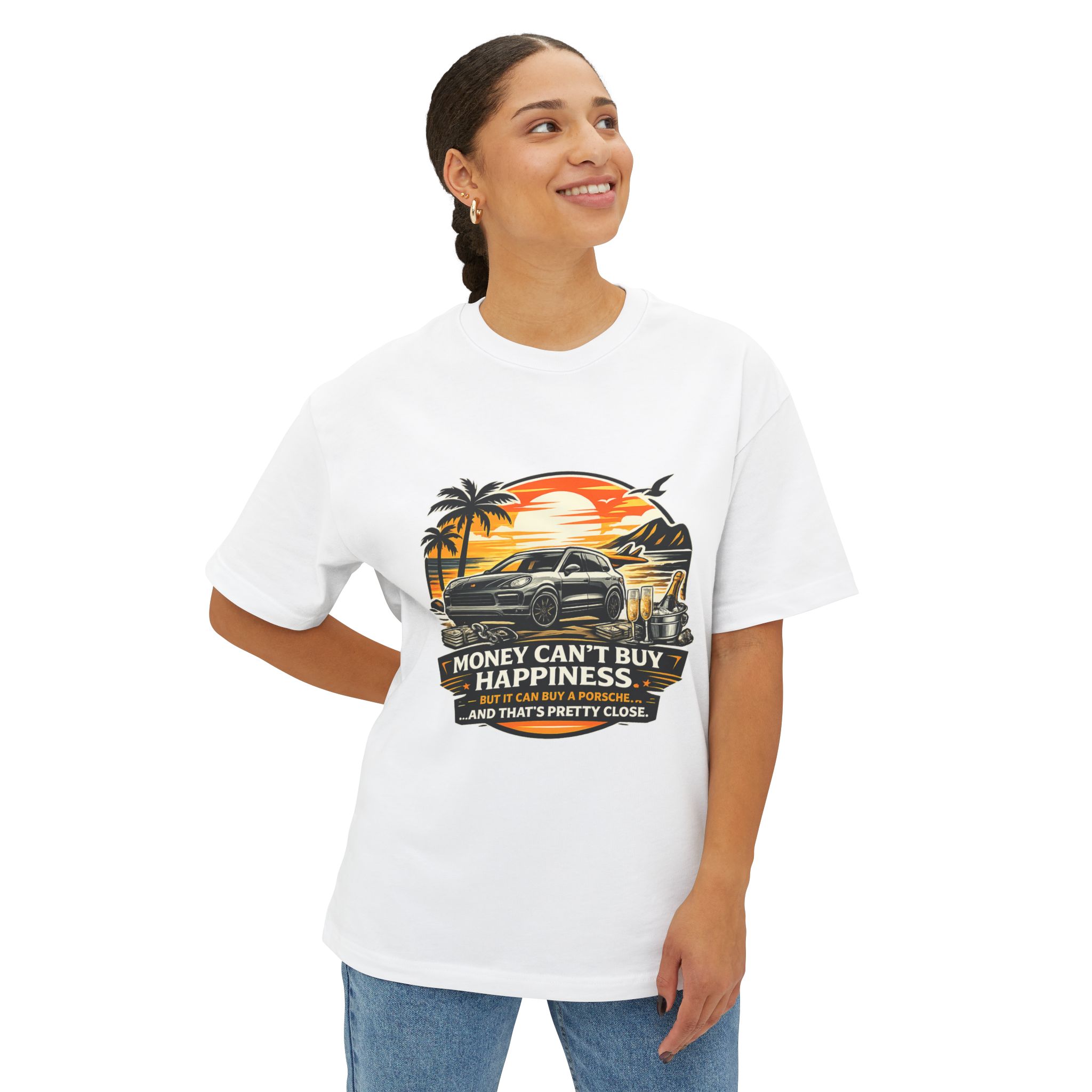 Car Sunset Retro Tee — "Money Can't Buy Happiness" Classic Cruiser T-Shirt – Bild 3