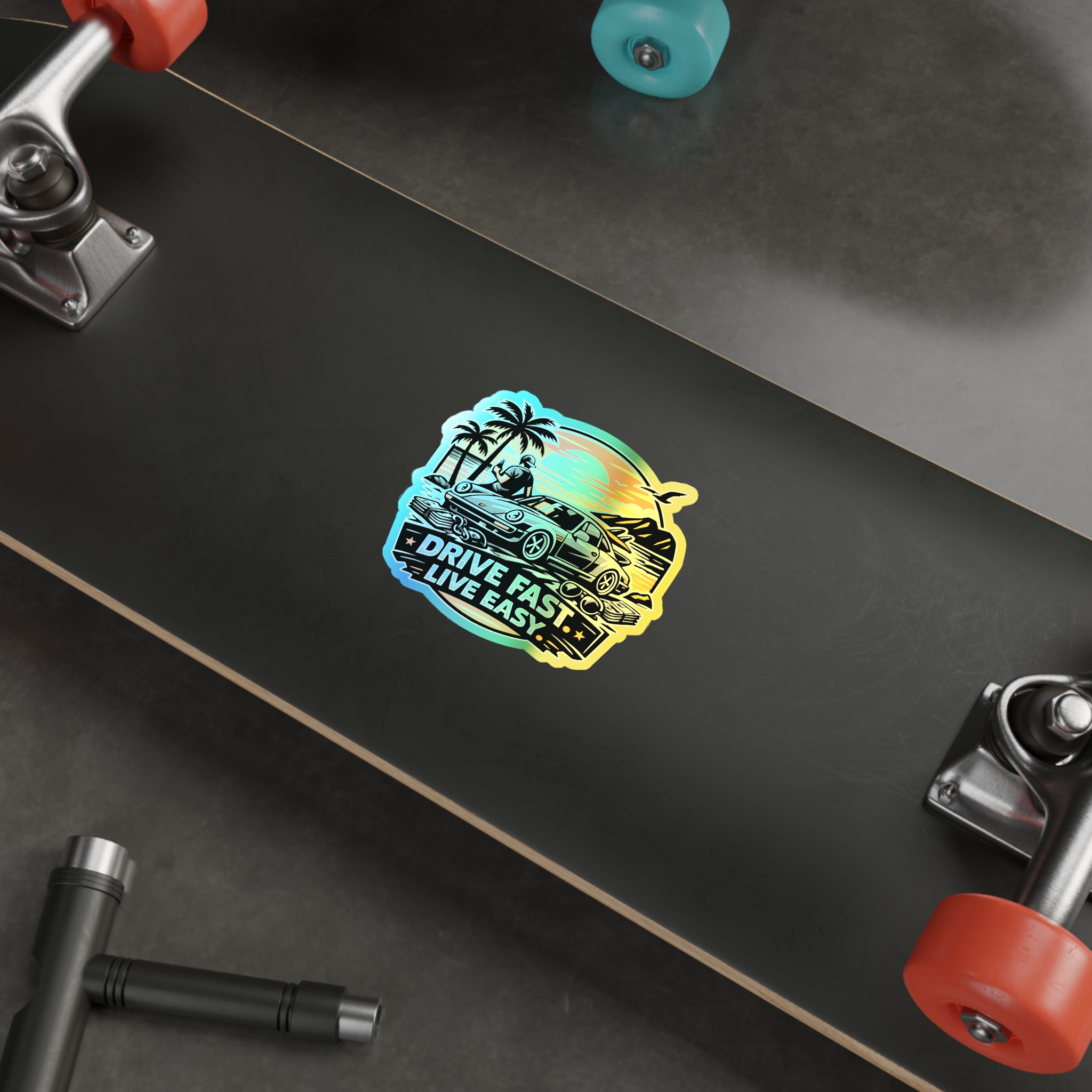 Holographic Die-Cut Sticker — "Drive Fast. Live Easy." Beach Car Vibes – Bild 10