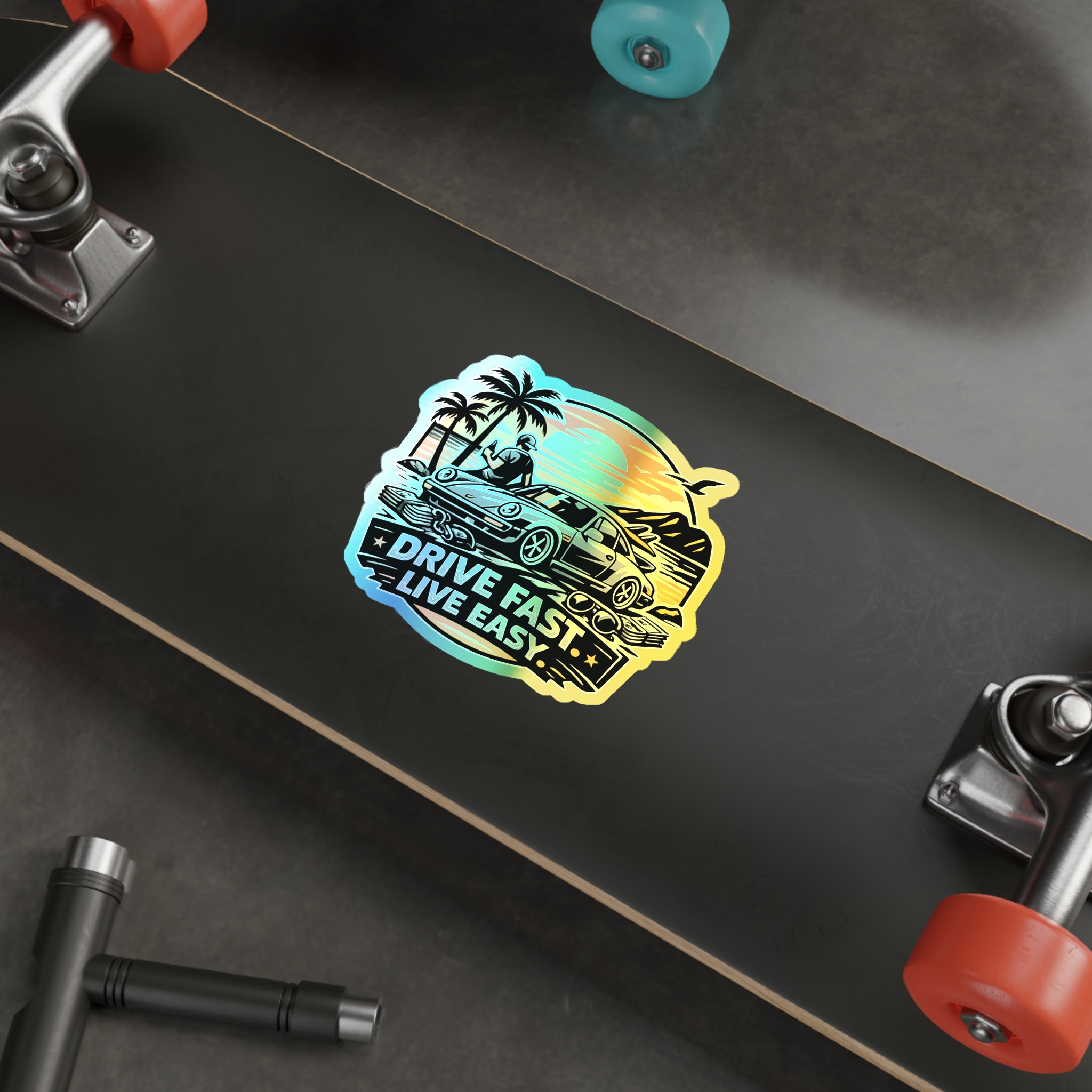 Holographic Die-Cut Sticker — "Drive Fast. Live Easy." Beach Car Vibes – Bild 14